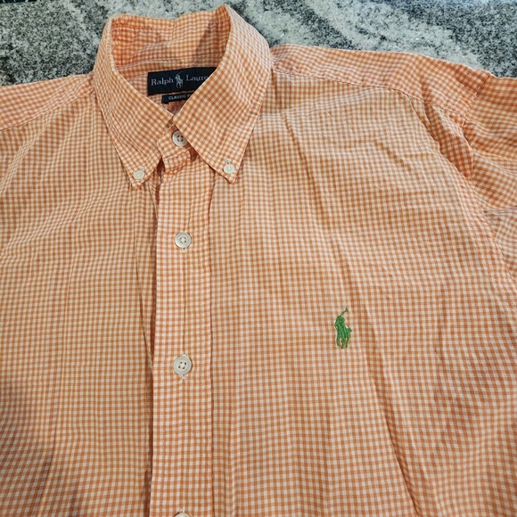 RALPH LAUREN SHORT SLEEVE BUTTON DOWN MENS LARGE ORANGE WHITE GREEN PONY CLASSIC - Picture 2 of 10